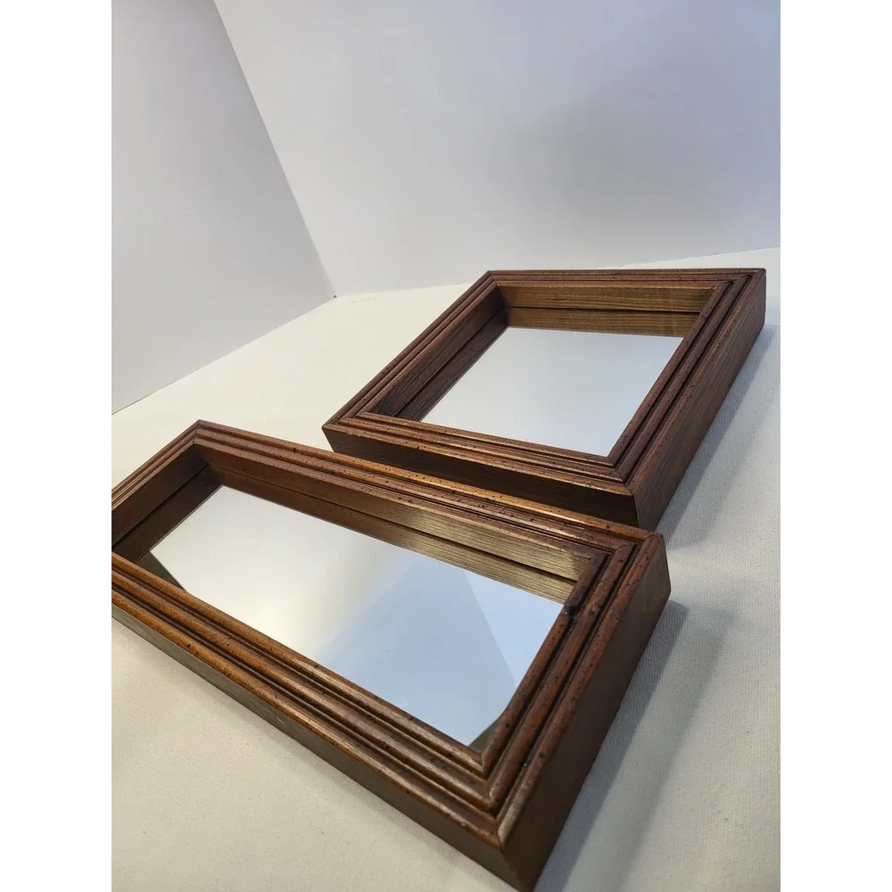 Vintage Wood Shadow Box Mirror Set 2 Piece Speckled Walnut Finish Wall Decor